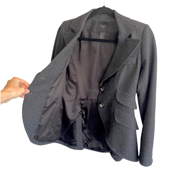 SMYTHE Wool Charcoal Gray Herringbone Equestrian Blazer Leather Elbow Patches 4 - Picture 7 of 11